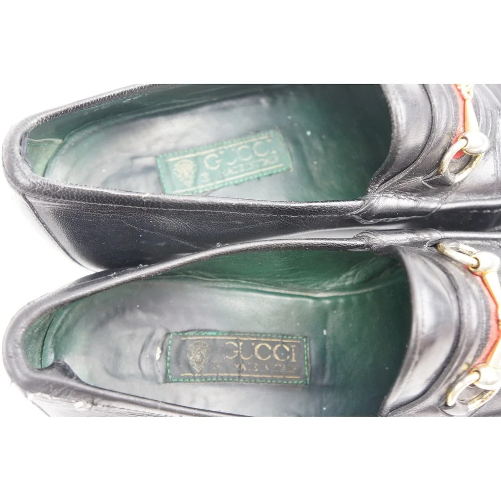 Gucci Horsebit Loafers 40.5 D Black Leather Web Stripe Vintage Good